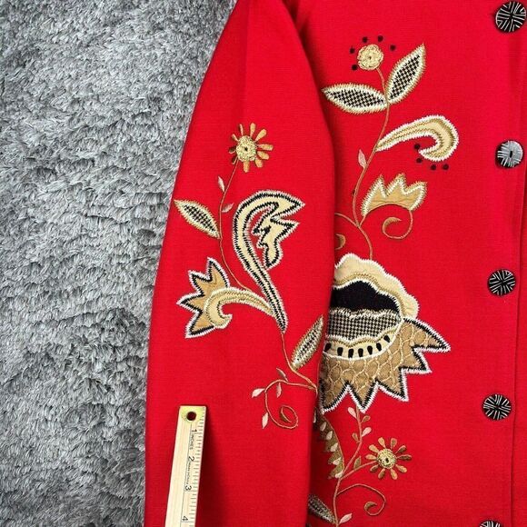 Indigo Moon Long Duster Jacket Red Embroidered Appliqued Artsy Blazer Large - Picture 9 of 9